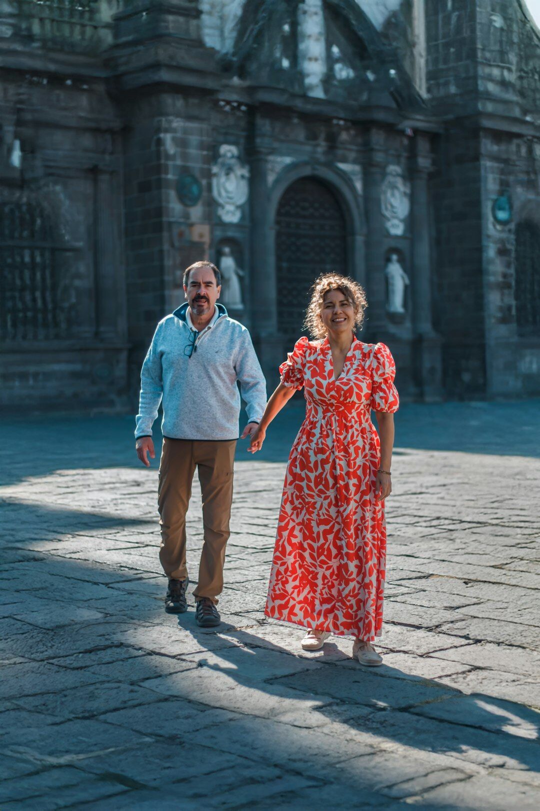 happy senior couple walking